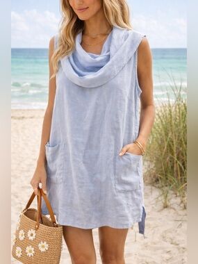 Match Point Linen Blue Cowl Neck Dress Oversized Pockets M EUC Coastal Resort